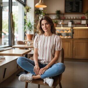 DRA Anthropologie Cream Red Descending Floral Accent  Short Balloon Sleeve Top